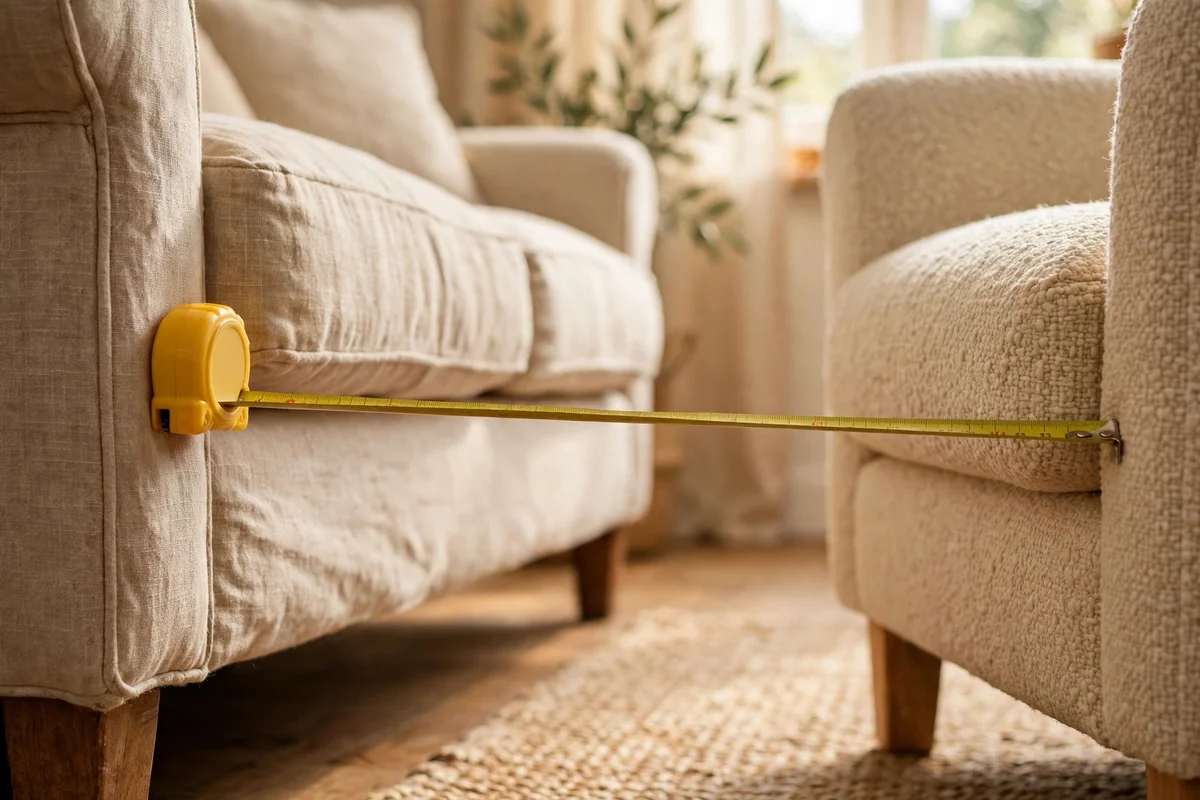 Tape measure stretched between a sofa and a facing armchair showing conversation distance