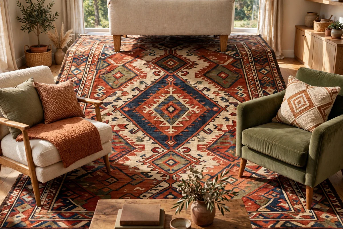 Large living room rug with the front legs of the sofa and chairs resting on it