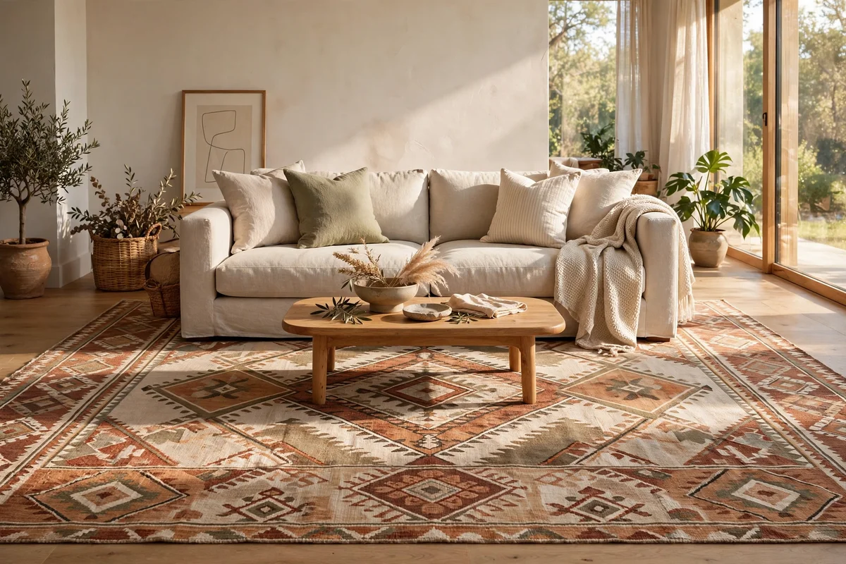 Wide rug extending evenly beyond both arms of a living room sofa