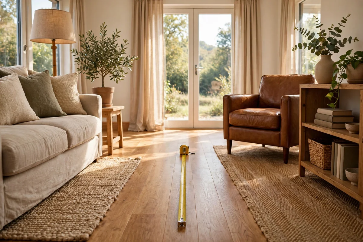 Clear wide walkway between living room furniture measured with a tape