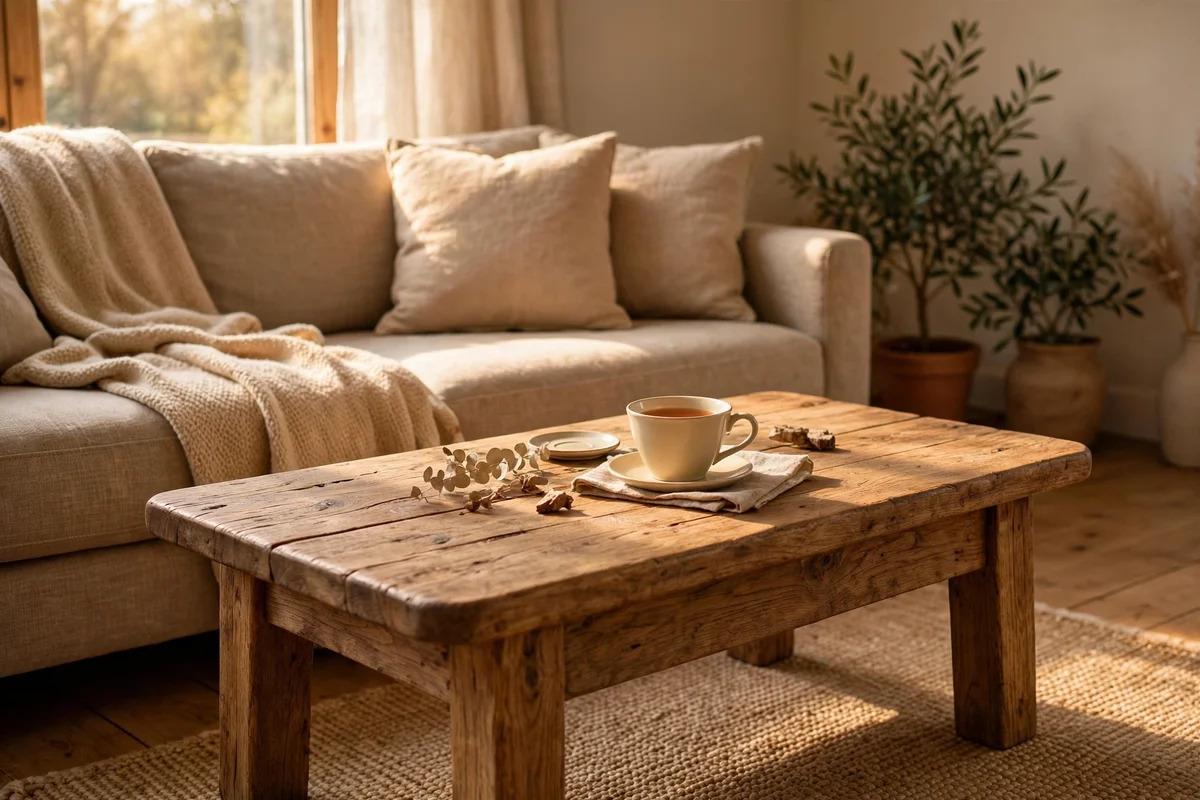 Coffee table set at a comfortable knee distance from a living room sofa