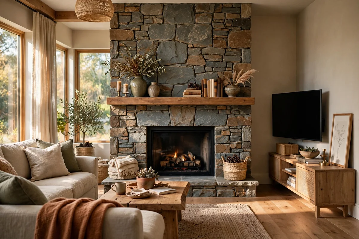 Living room with fireplace as the clear focal point and television demoted to a side wall