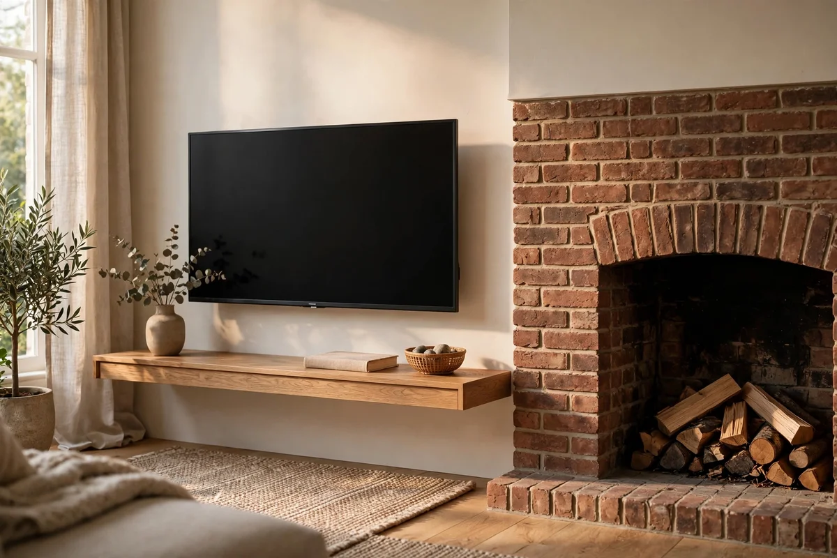 Television on an adjacent wall console at seated eye level beside a fireplace