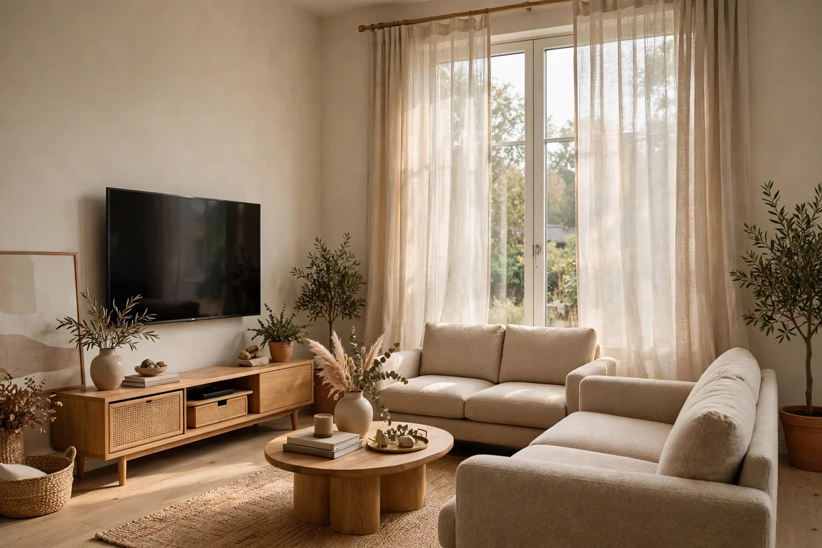 Living room seating angled at ninety degrees to the window with sheer linen curtains