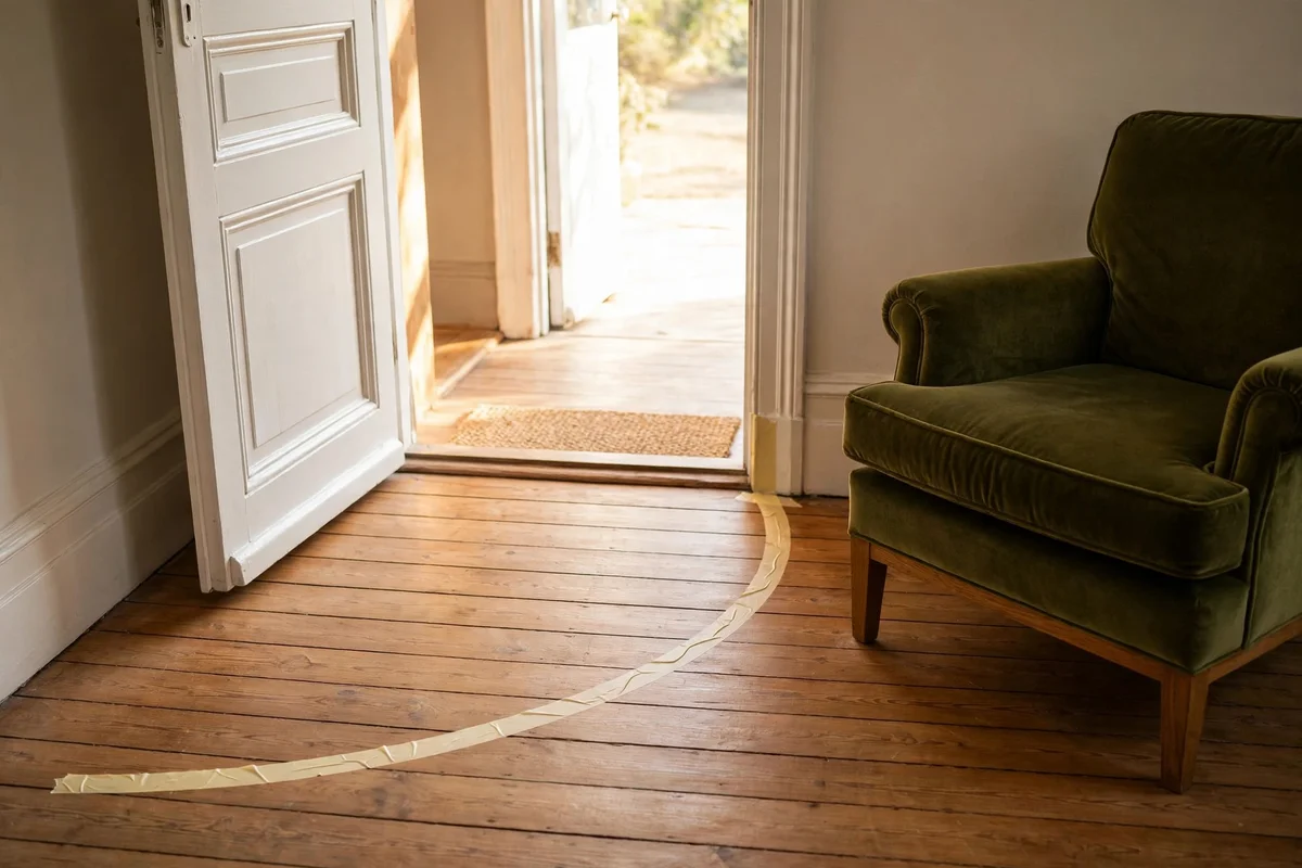 Armchair positioned clear of a door's taped swing arc in a living room