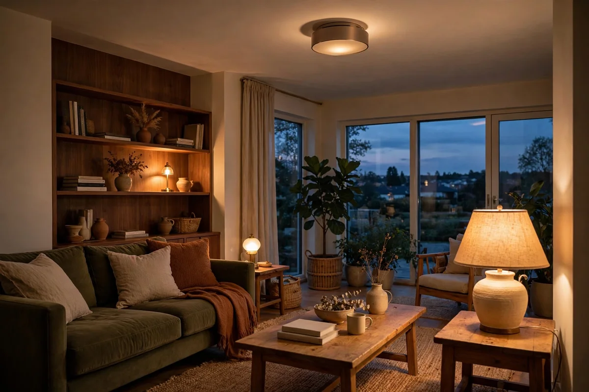 Living room lit by three warm layers: ceiling glow, table lamp and accent light