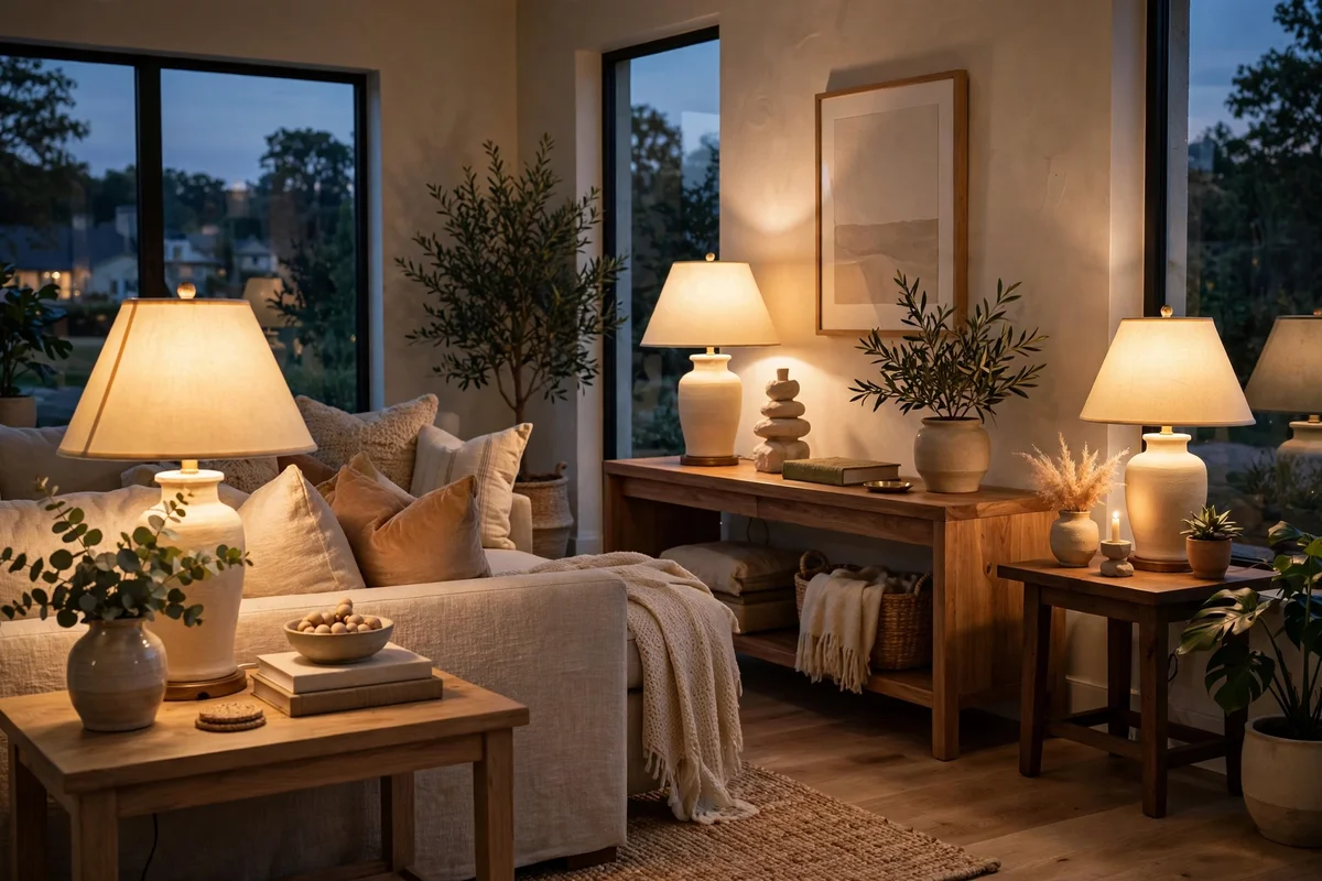 Evenly spaced warm table lamps glowing on side tables around a living room