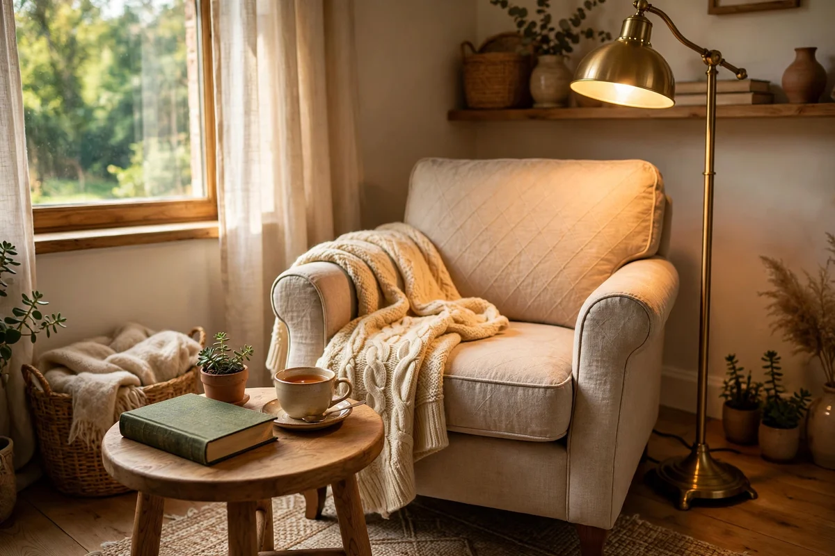Cosy reading corner with a floor lamp pooling warm light over an armchair