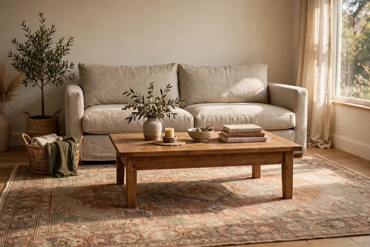 Coffee table about two-thirds the sofa length centred on a living room rug