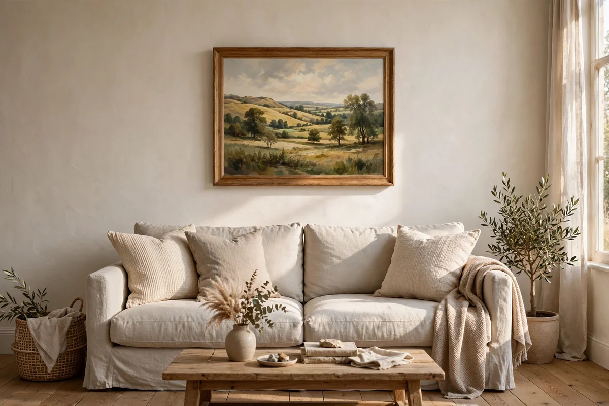 Framed artwork hung with its centre at eye level above a living room sofa