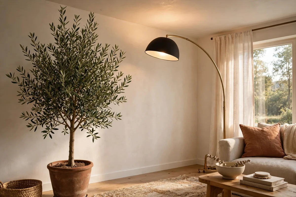 Living room corner styled with a tall potted plant and an arc floor lamp