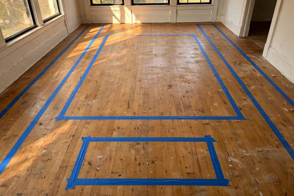 Living room floor marked with painter's tape outlining rug and furniture positions
