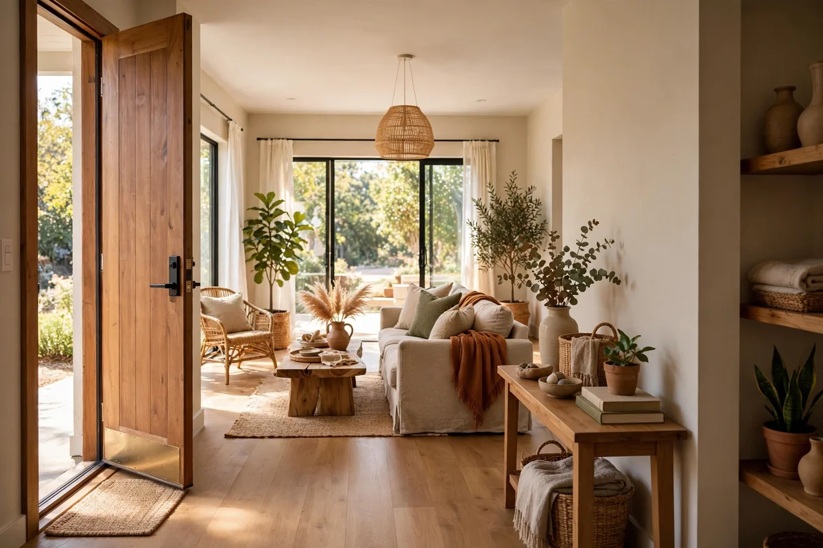 Person-free view of a walked living room loop from door to sofa to window