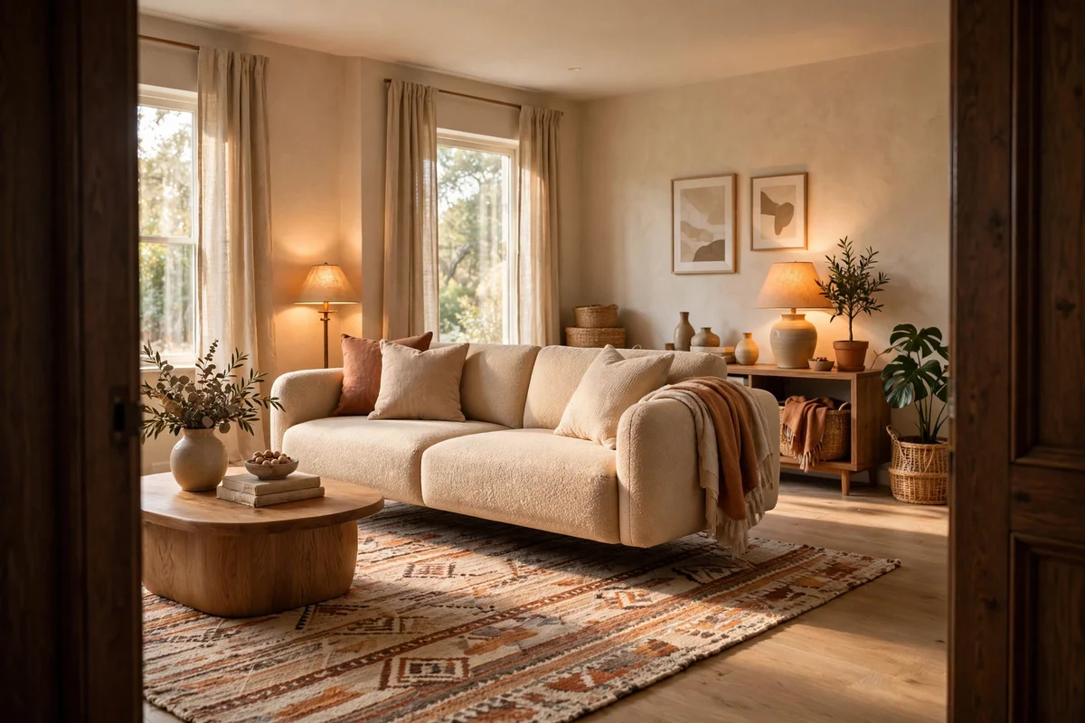 Before and after style comparison of a living room layout photographed from the doorway