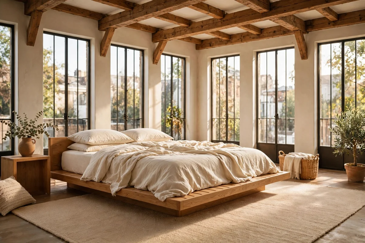 Large low-pile rug layered under a low wooden bed in a bright open loft bedroom