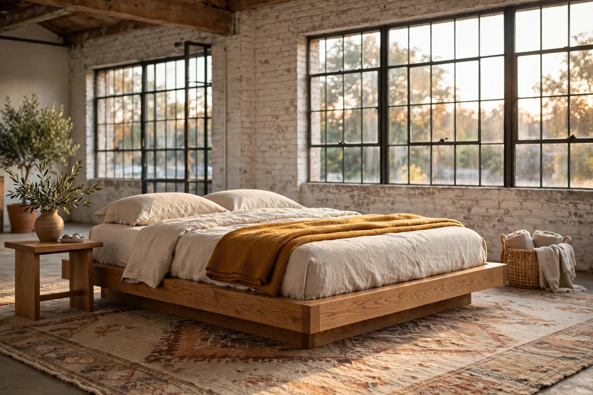 Low timber platform bed with folded wool throw on a rug in a loft bedroom