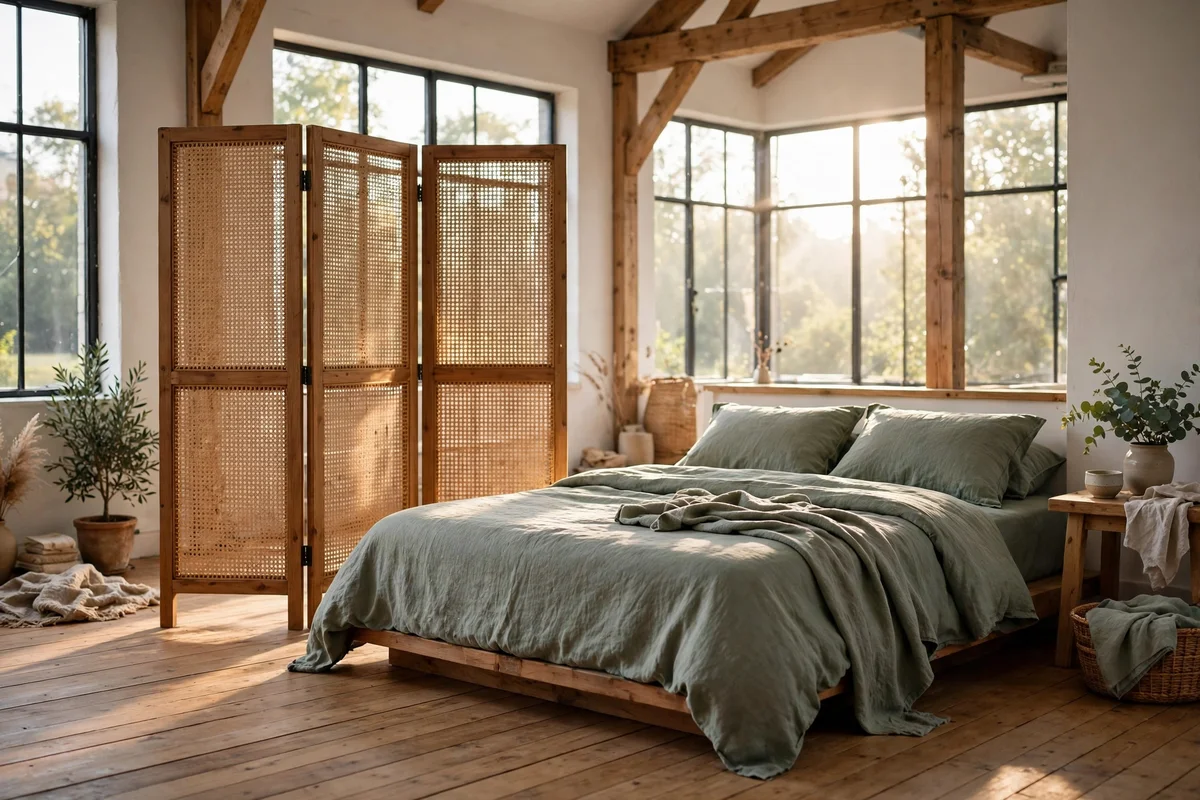 Three-panel woven cane folding screen beside a low bed in a loft bedroom