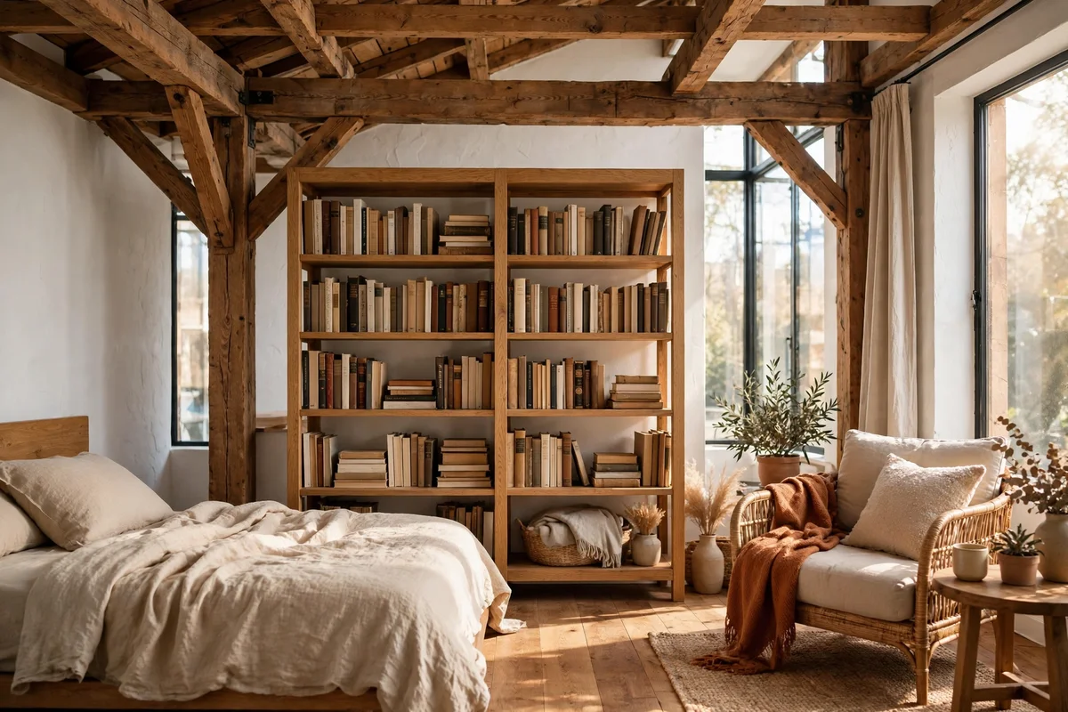Open timber bookcase standing sideways as a divider between bed and sitting area in a loft