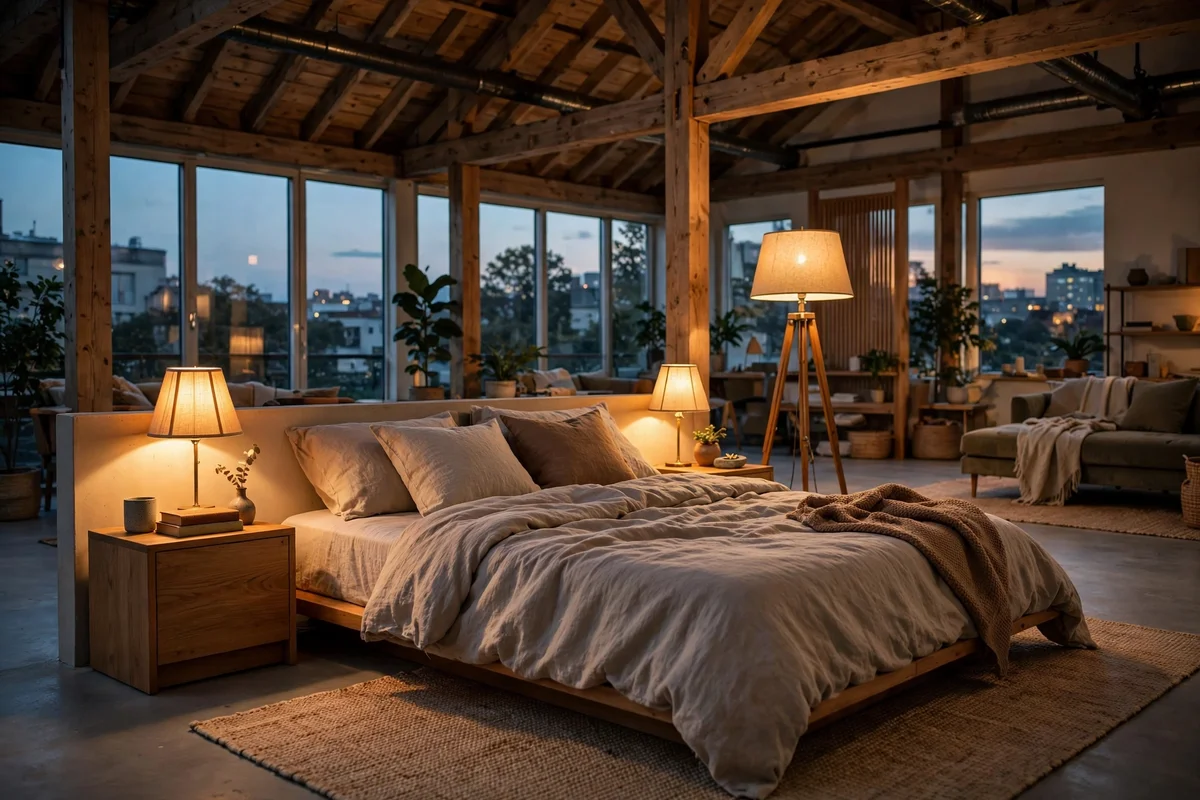 Bedside lamps and a floor lamp glowing around a low bed in a loft bedroom at dusk