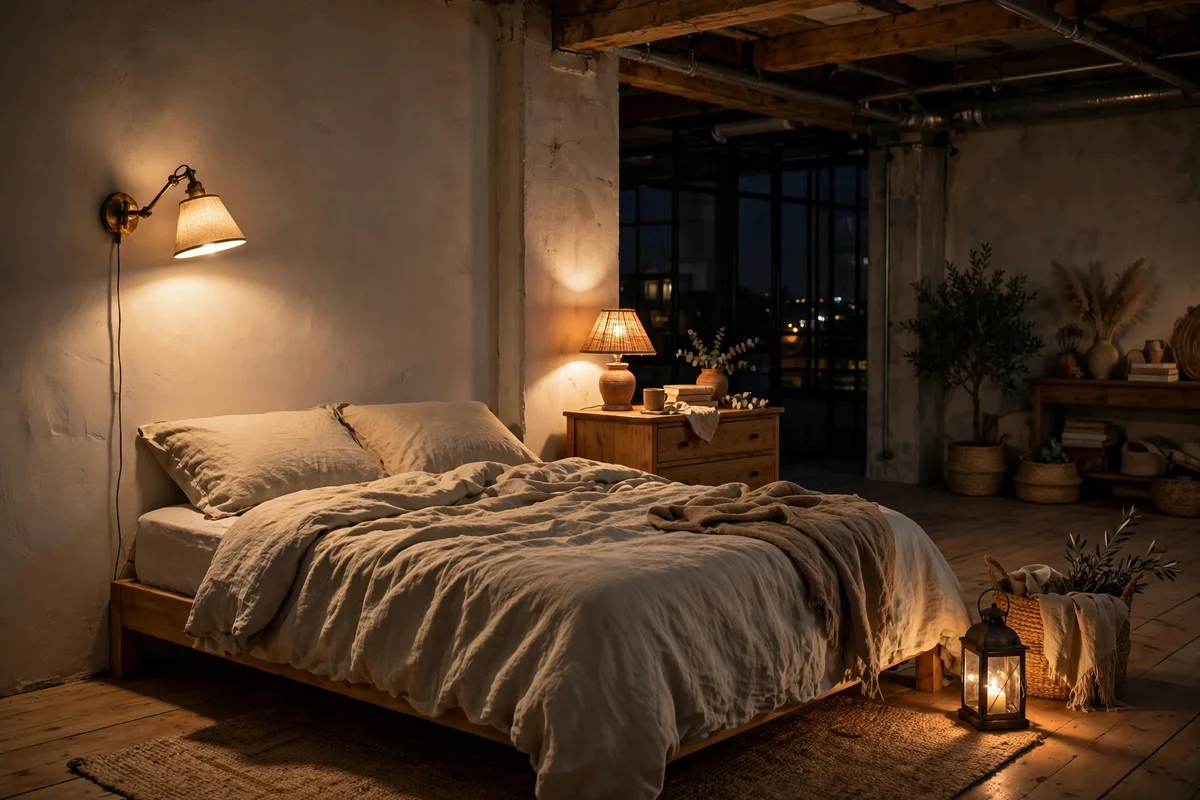 Three warm lamp pools around a bed corner in an open loft bedroom at night