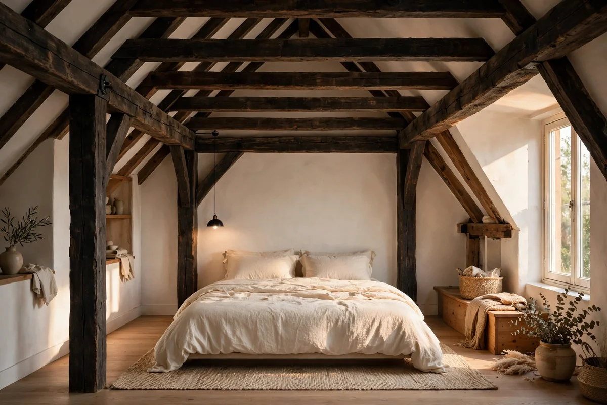 Low bed centred between dark timber roof beams in a converted loft bedroom