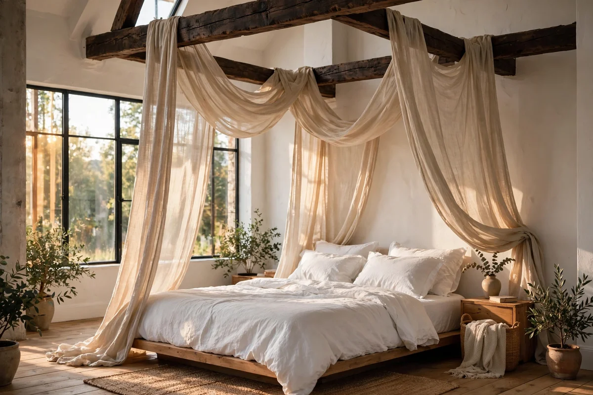 Linen curtains hung from roof beams forming a soft canopy over a bed in a loft