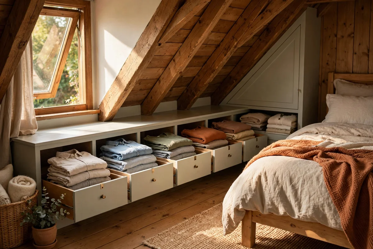 Shallow built-in drawers stepping down under sloping eaves in a loft bedroom
