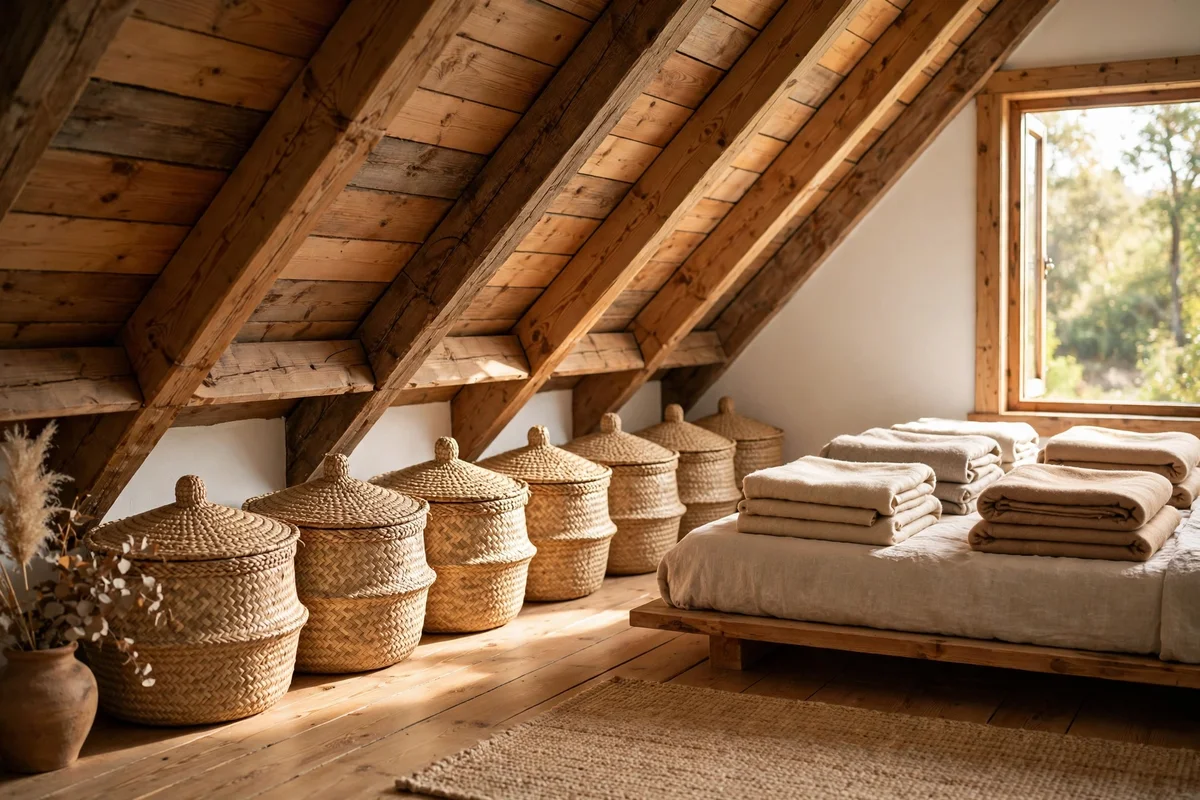 Woven seagrass baskets tucked under the low sloping eaves in a loft bedroom