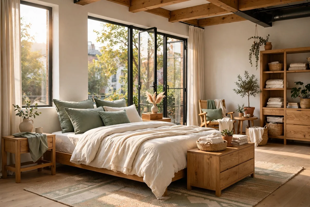 Loft bedroom in a calm repeated palette of warm white, sage and oak