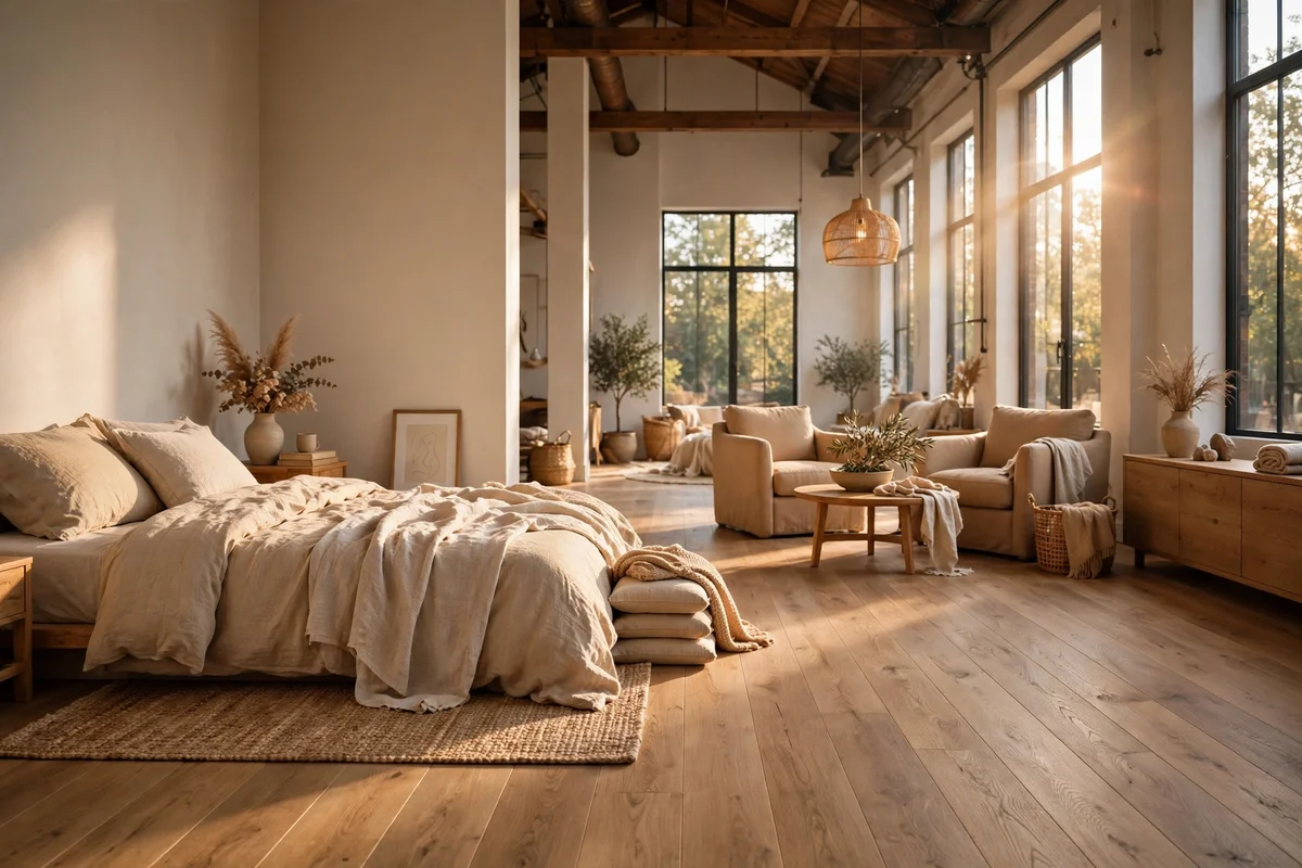 Continuous oak floor running through an open loft bedroom and living area