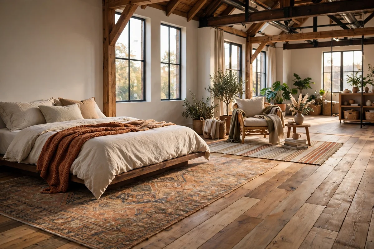 Two layered flatweave rugs softening the timber floor of an open loft bedroom