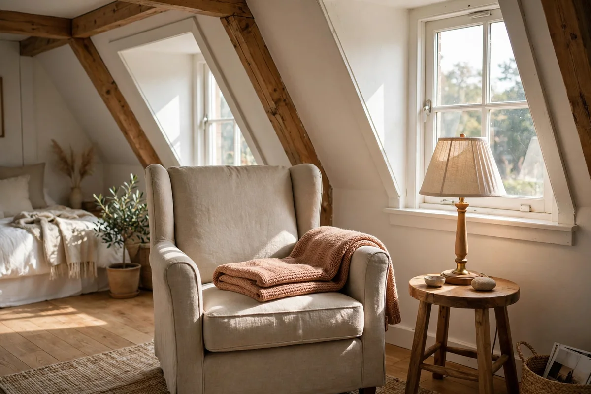 Armchair with small lamp and side table in a bright window corner of a loft bedroom