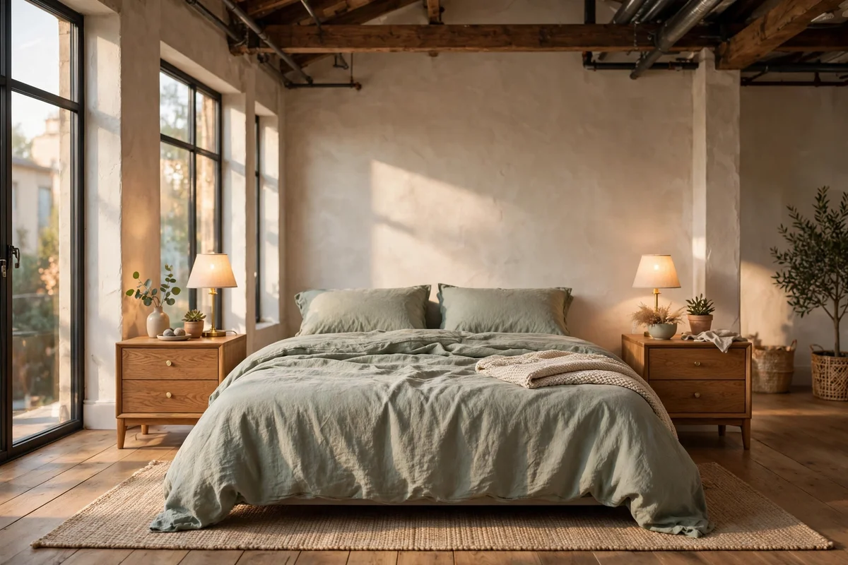 Matching oak nightstands with drawers flanking a low bed in a loft bedroom