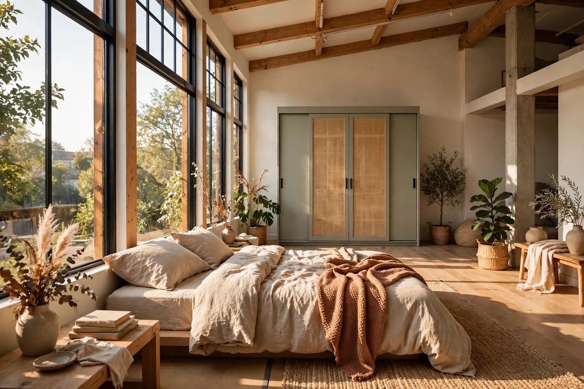 Tall closed wardrobe on the far wall of an open loft bedroom
