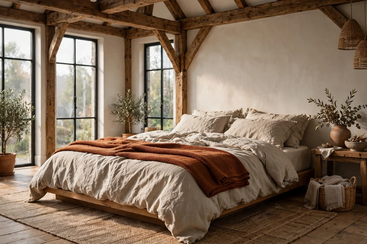 Bed dressed in stonewashed linen with a folded wool throw in a loft bedroom