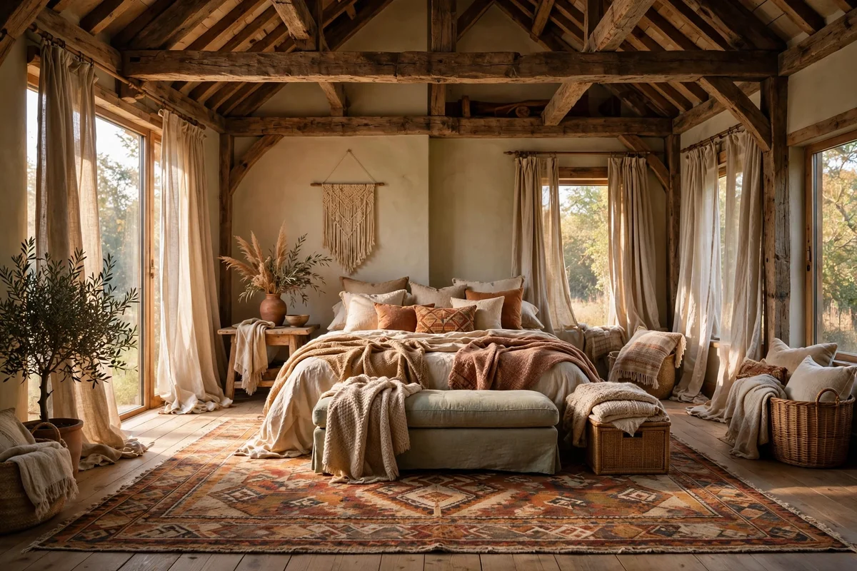 Textile-rich loft bedroom with rugs, curtains and cushions softening the open space