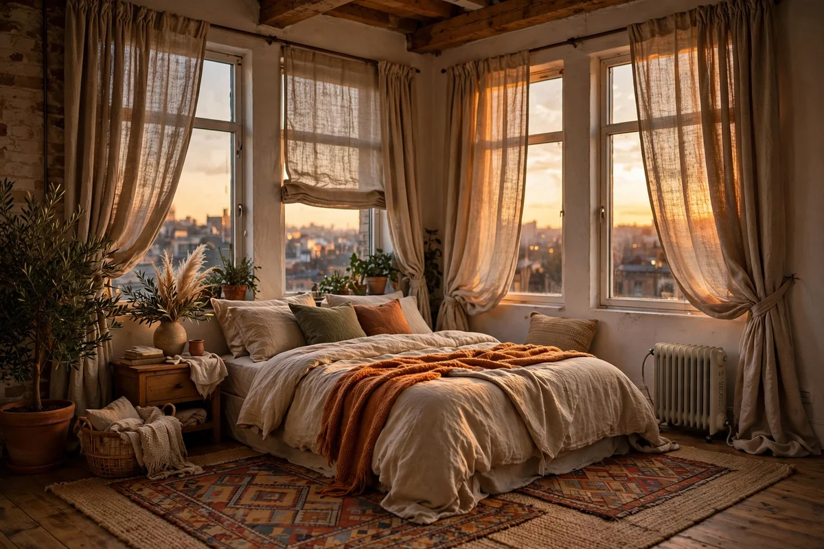 Warm layered loft bedroom with rugs, curtains and a small radiator near the bed