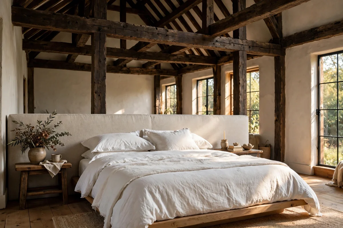 Low upholstered linen headboard on a bed under high loft beams