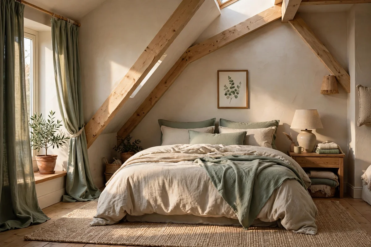 Loft bedroom with curtains and rug echoing the sage and oat bedding colours
