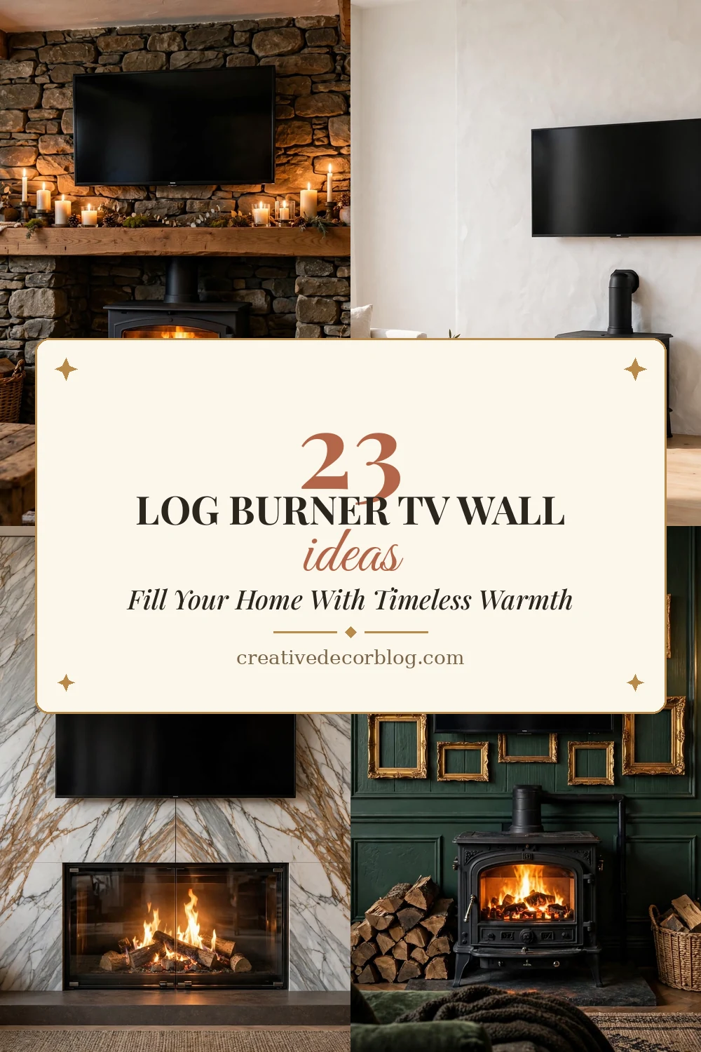 Pinterest pin collage of log burner TV wall ideas titled 23 Log Burner TV Wall Ideas That Fill Your Home With Timeless Warmth