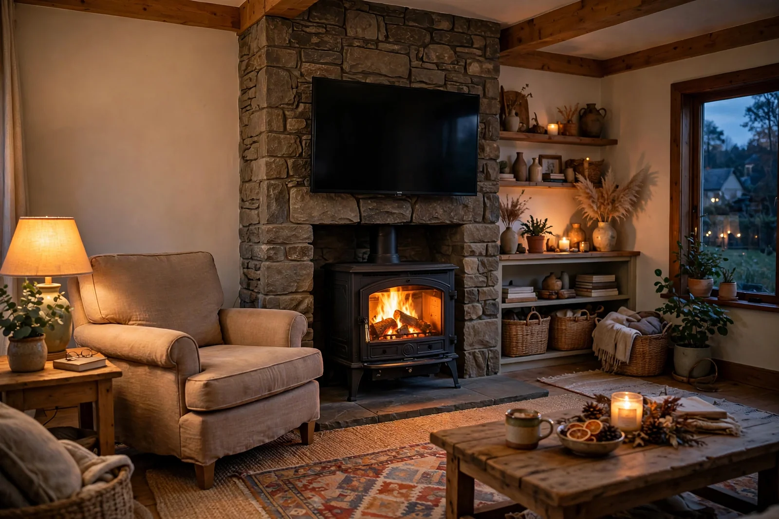 Cozy living room at dusk with a glowing log burner set into a stone chimney breast beneath a wall-mounted television