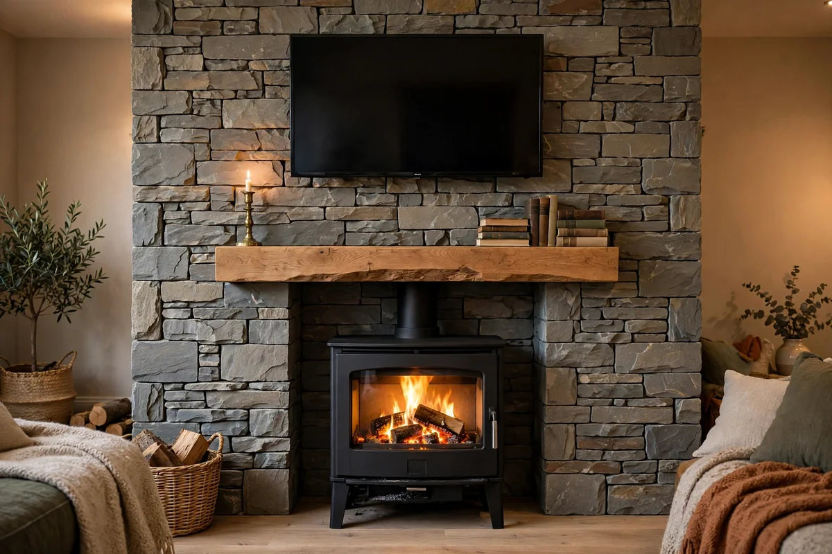 Stone-clad chimney breast with a glowing log burner below and a wall-mounted TV above an oak mantel