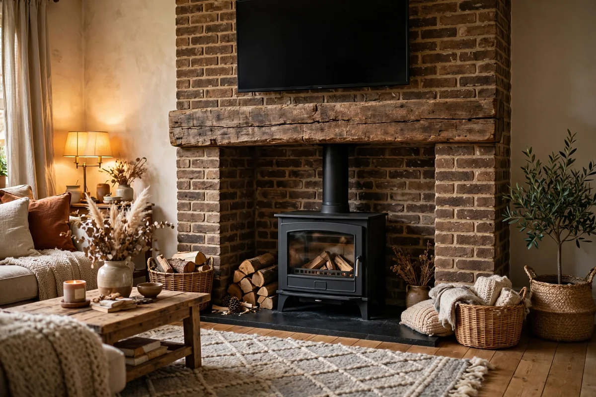 Reclaimed timber mantel beam over a black log burner with a TV mounted above in a cozy living room