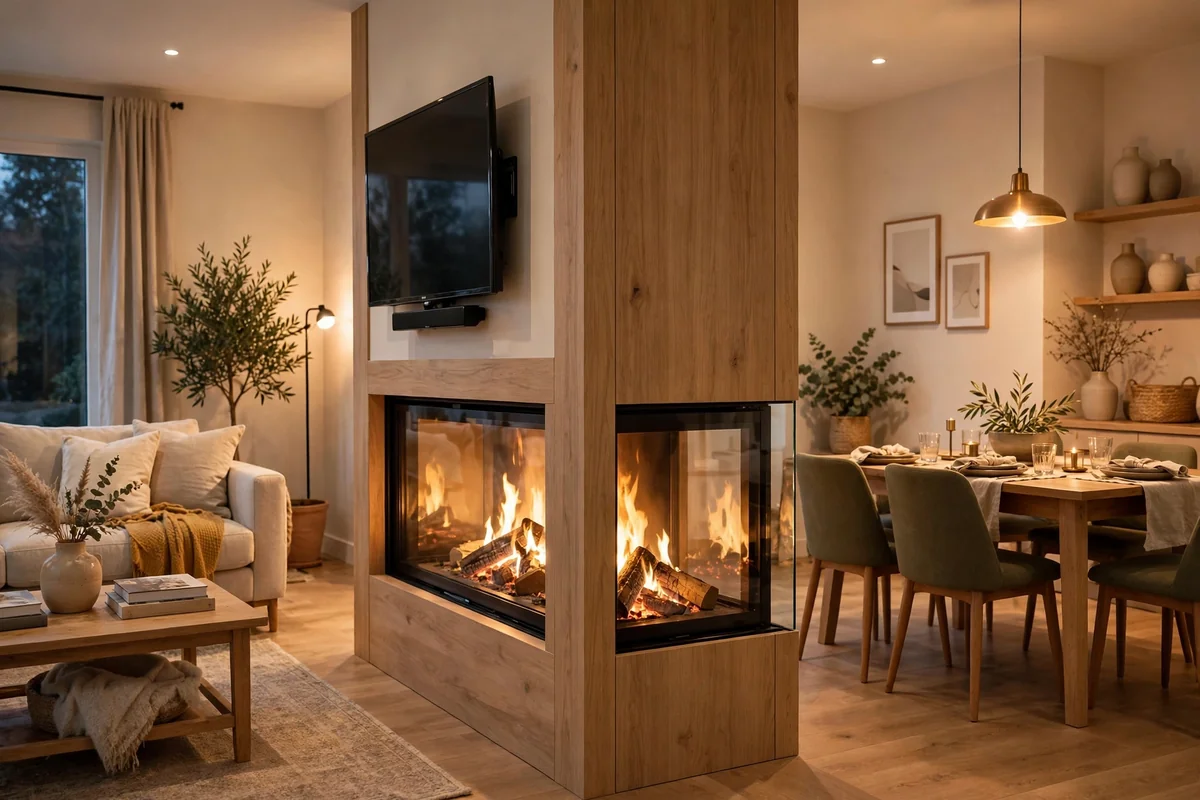 Double-sided log burner in a partition wall with a TV on the living room side and dining room beyond