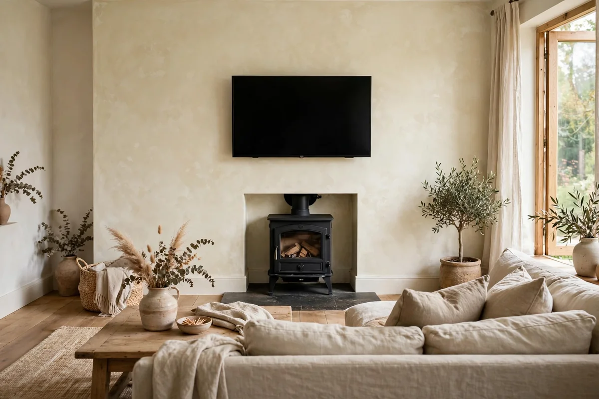 Cream limewash plastered media wall with a small black log burner and TV above, linen sofa in soft daylight