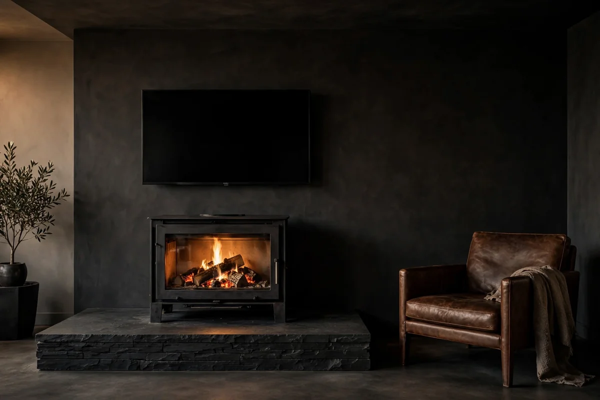 Blackened steel log burner on a raised dark slate plinth with a TV mounted above on a charcoal wall