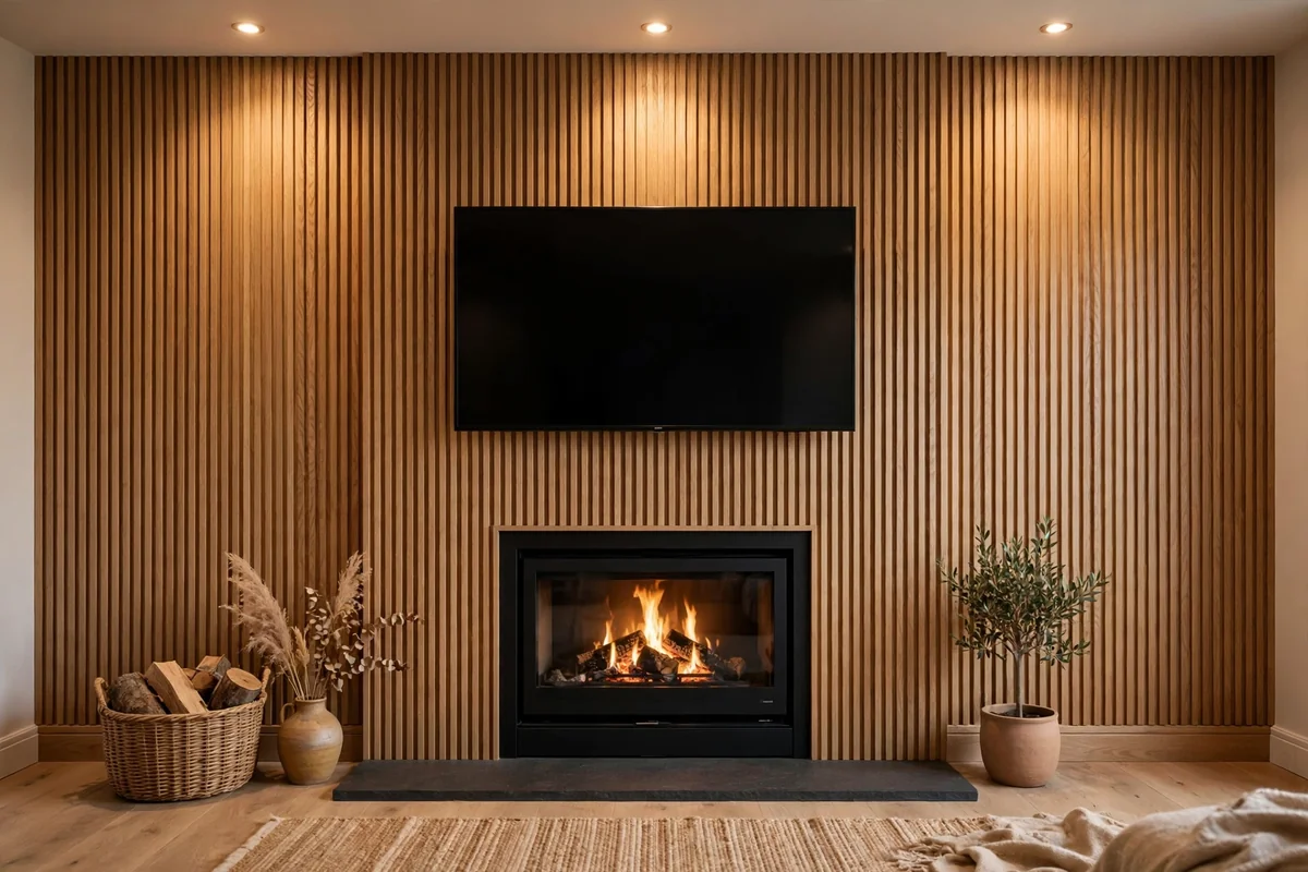 Fluted oak wood panelled media wall with an inset log burner and centered TV under warm spotlights