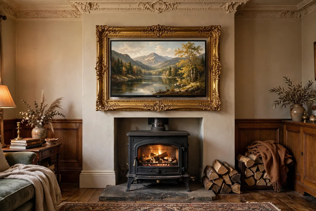 TV displaying landscape art in a gilt picture frame above a classic black log burner in a traditional living room