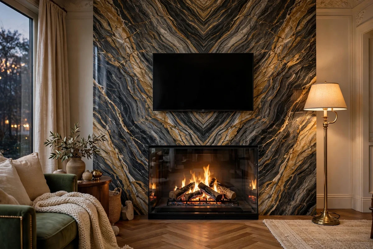 Book-matched marble slabs behind a glass-fronted log burner with a TV mounted above, brass floor lamp beside