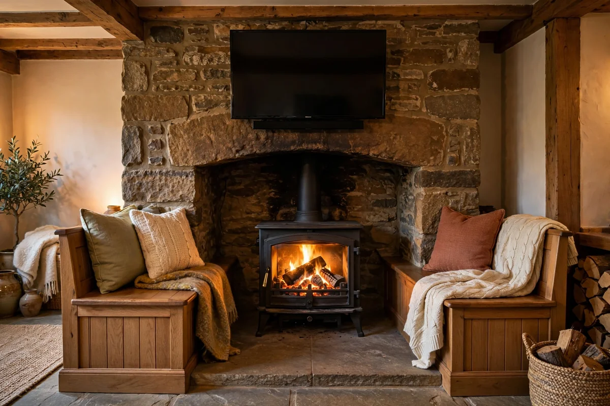 Inglenook fireplace with built-in wooden benches either side of a glowing log burner and TV mounted above